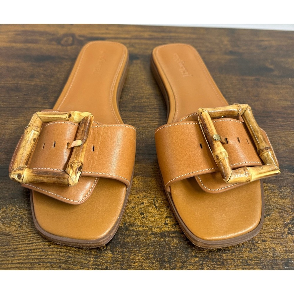 J McLaughlin Leather Slides Womens 8.5 Brown Aurora Bamboo Buckle Sandals Beachy - Picture 2 of 11